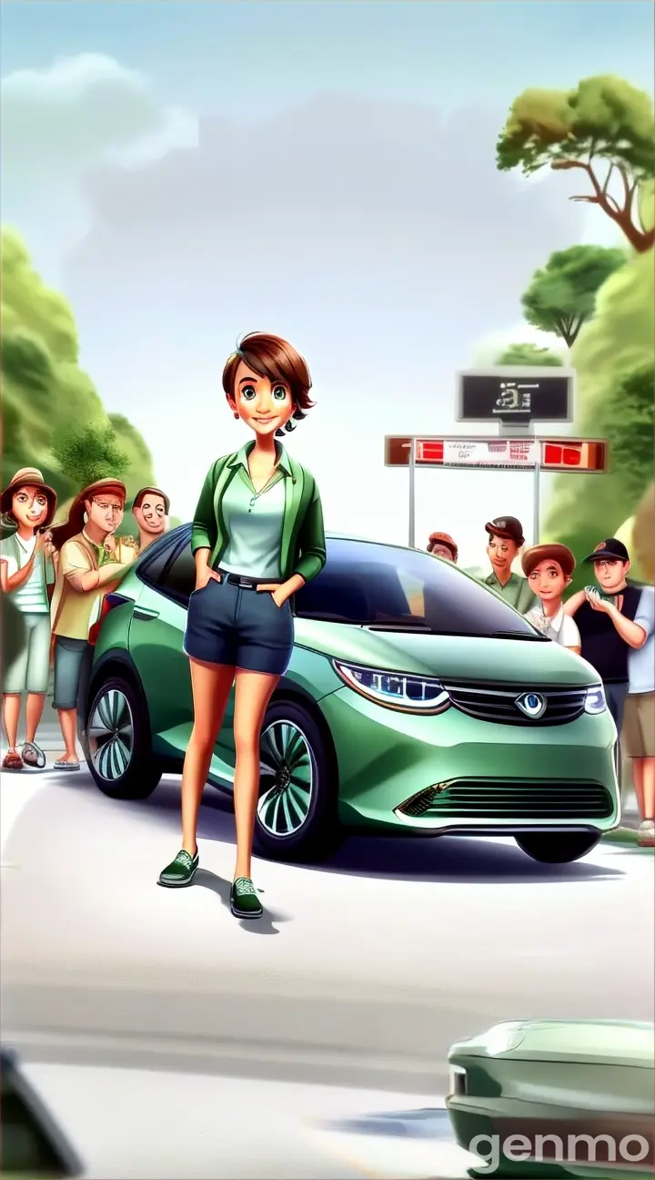 a woman standing in front of a green car