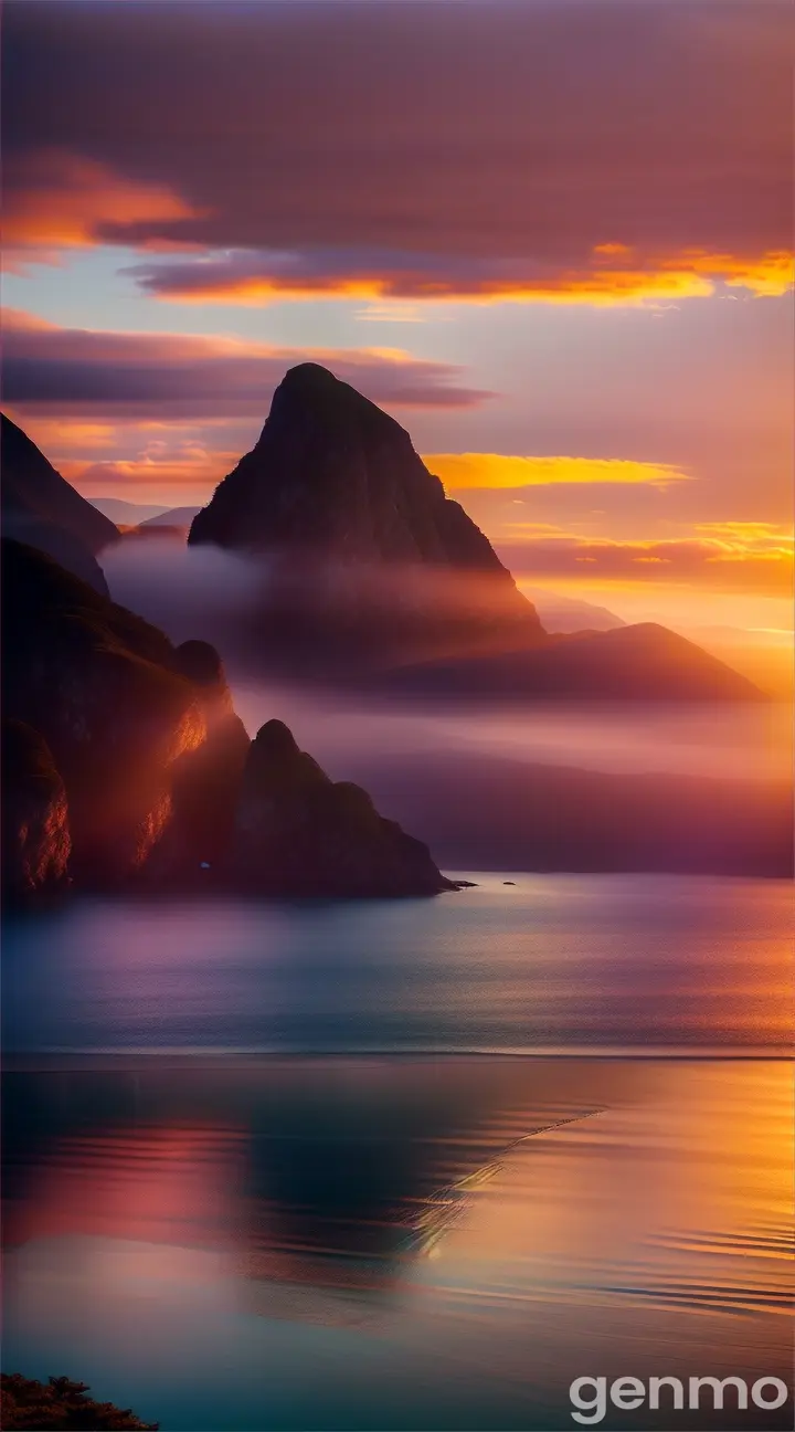 Sunrise over a rugged mountain range overlooking calm sea waters