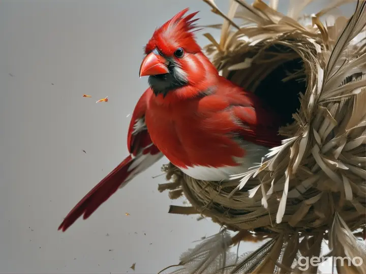 on a pure white background, Create a a_busy_cardinal_bird_making_a_nest_flying back and forth