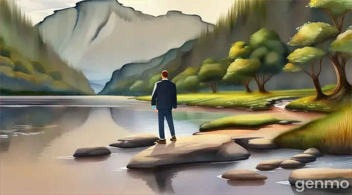 make an animated video of a  closeup of a man standing beside a river