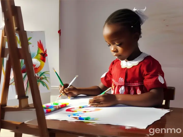 on a pure white background, create a_pretty_nigerian_5_year_old_fair_in_complexion_little_girl_drawing_and_painting_a_picture_of_a_red_cardinal_bird_the_picture_looks_attractive_as_she_paint