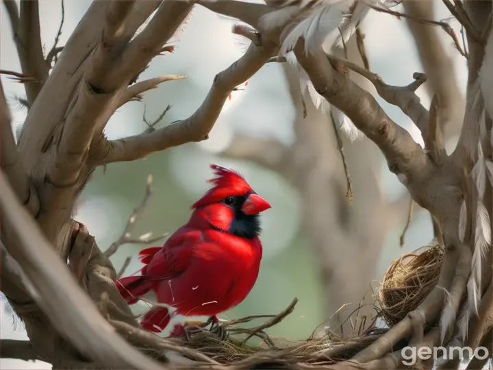 “on a pure white background, Create a a_busy_cardinal_bird_making_a_nest working very hard, a five year old black girl points to the bird in admiration wanting to help the bird make its nest