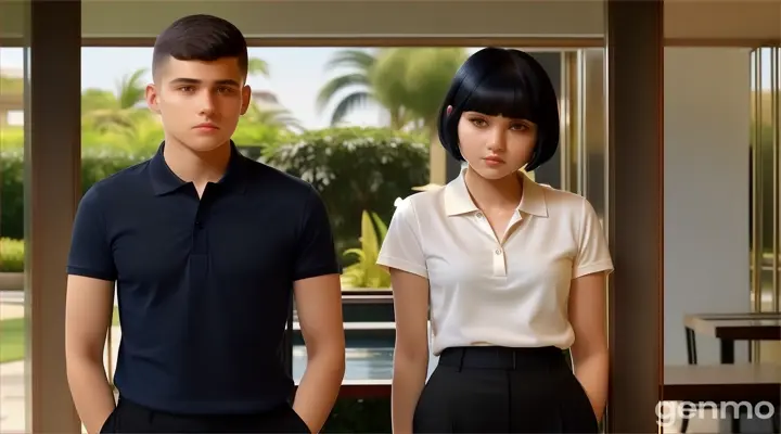 at the hotel garden poach, a young man with buzz cut hair cut in dark blue polo shirt and a young woman with Black Bob Cut Hair in cream blouse shirt both in black pants standing next to each other facing the camera looking down the ground