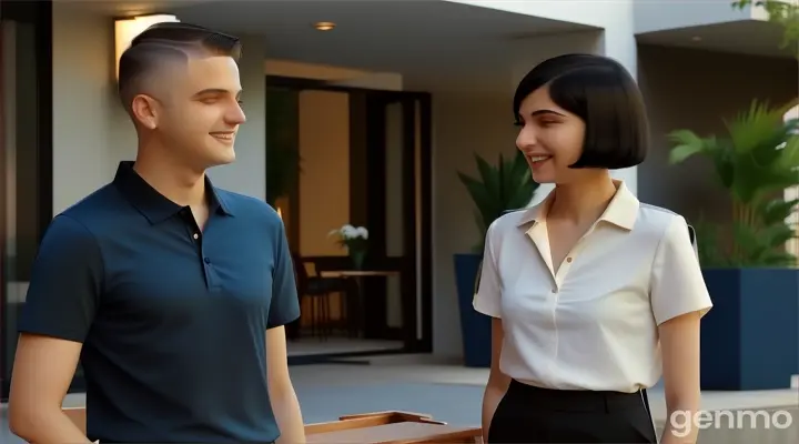 at the hotel garden poach, a smiling young man with buzz cut hair in dark blue polo shirt and a young woman with Black Bob Cut Hair in cream blouse shirt both in black pants standing next to each other talking