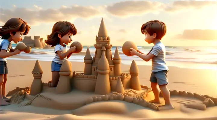 a boy and a girl playing with a sand castle on the beach