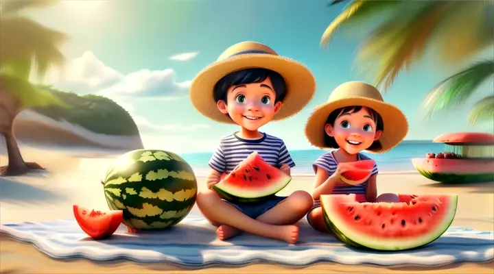 a couple of kids sitting on top of a beach next to watermelon