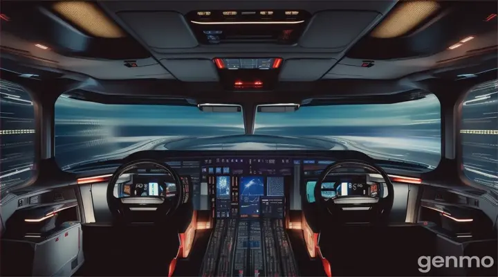 Cinematic shot of the interior of a spaceship, ready to take off. I need to see the elements that a ship has to be able to be piloted