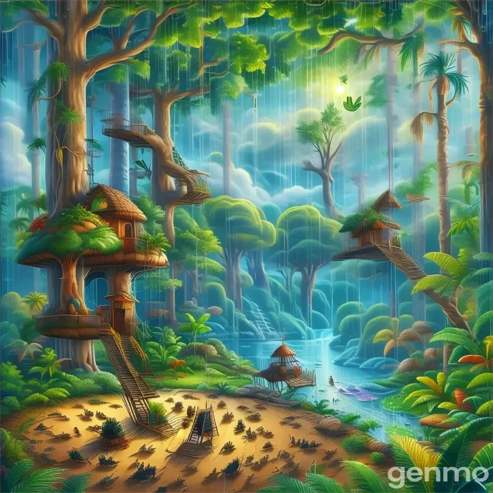 a painting of a jungle scene with a tree house