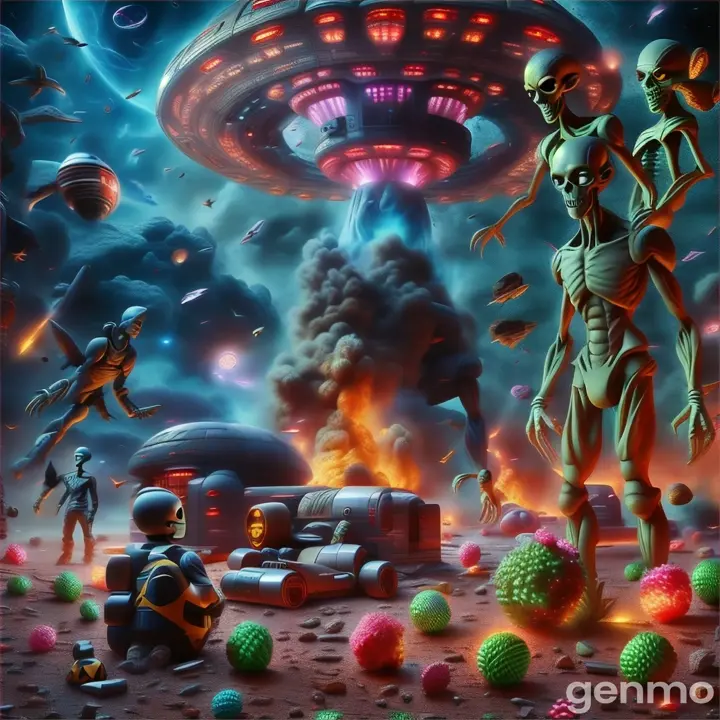 a painting of a man in a space station surrounded by debris