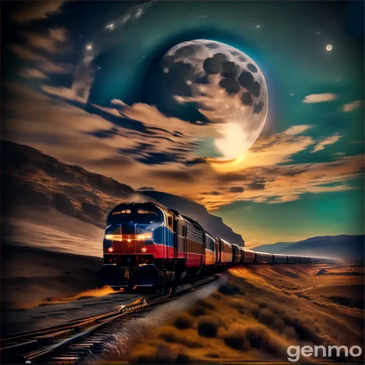 a train traveling down the tracks under a full moon