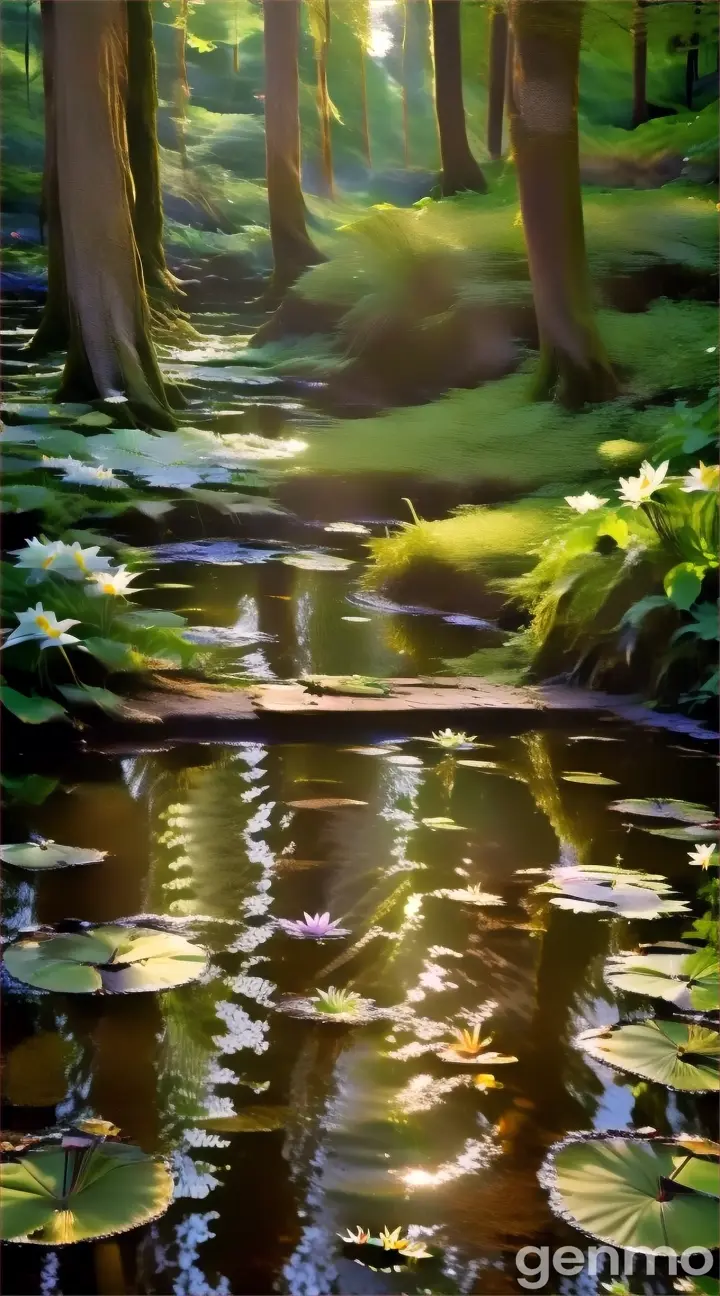 a small pond with lily pads in a forest