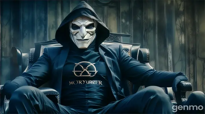 a man wearing a mask sitting in a chair