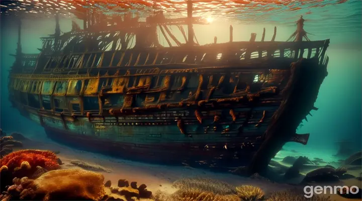 a shipwreck of an old sailing ship on the ocean floor, fish swimming through it