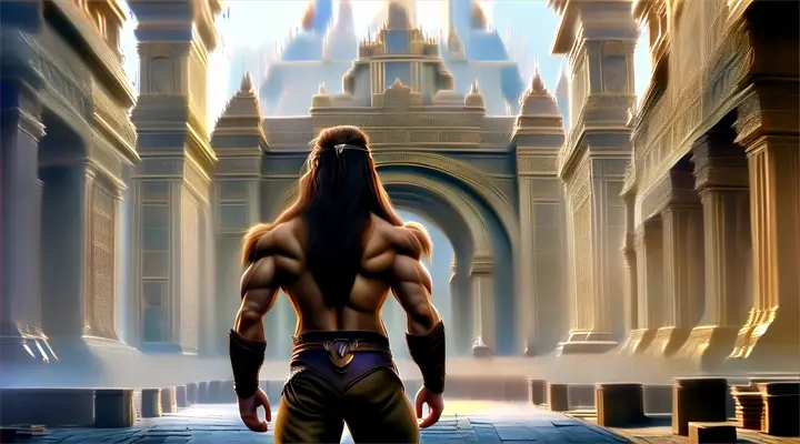 a man with long hair standing in an archway