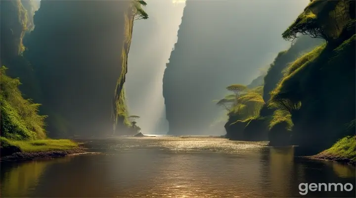 Detailed video from the top edge of a dangerous gorge in a forest as dangerous and mysterious as the Congo jungle. Looking down from a high hill, a view of the lush jungle of the Congo, with a river running through it. It is early morning and the sun is half visible from the distant hills. Its cool and soft light rays cast a dreamy glow on the flowing water of the river. The forest environment is visible from a mysterious, high hill. And the rock from which the view is being seen. The sun is half visible from the hills beside this rock. Its cool and soft light rays cast a dreamy glow on the flowing water of the river. The forest environment is visible from a mysterious, high hill. And from the rock of the hill and from the rock of the hill the view is being seen. A scene that soothes the eyes, a scene that gives attractive and positive thoughts.
 The sun is rising.