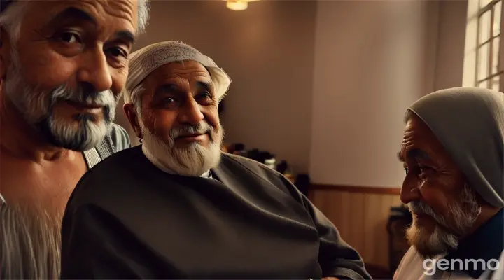  A scene of the Muslim old man with a gentle smile as the liberal barber prepares his tools, ready to start cutting the man's hair.