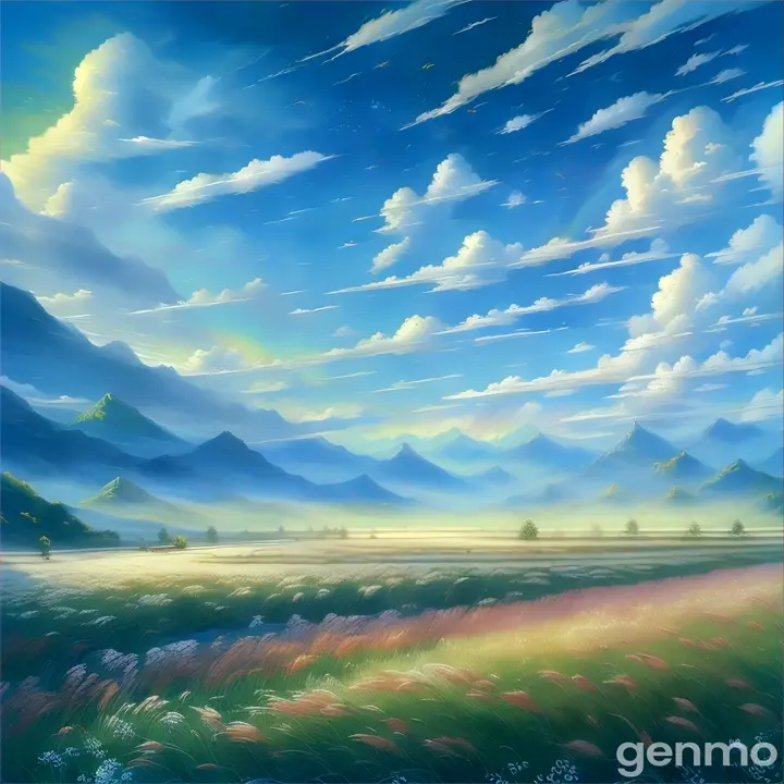 The sun is shining, blue sky and white clouds, a painting of grass with mountains as the background, a few birds flying in the sky and a rainbow on the horizon