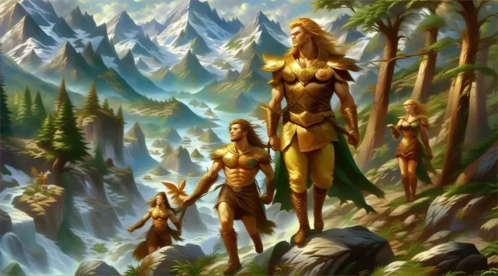 a painting of a man and a woman walking through a forest
