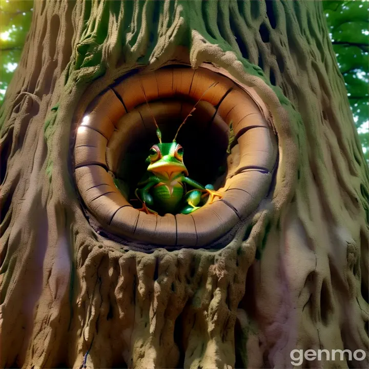 a green frog sitting inside of a hollow in a tree