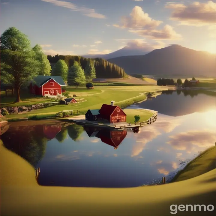 make an animated video of a beautiful farm nestled beside a shimmering lake