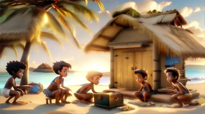 a group of children sitting on a beach next to a hut they found a treasure, 3d cartoon