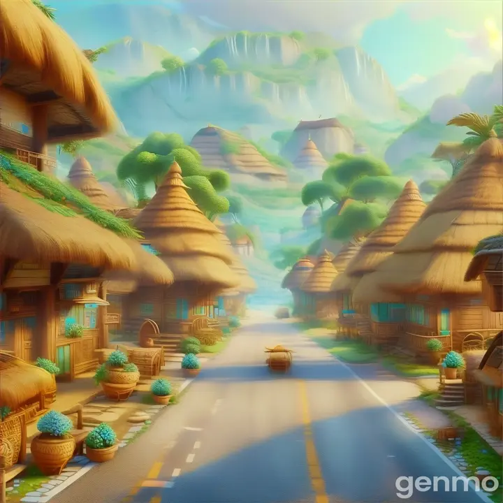 a beautiful village   with huts street 3D animation cartoon in indian style 