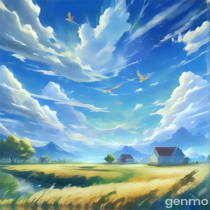 A painting of a field and birds flying in the sky, with parents in the distance and a little boy below