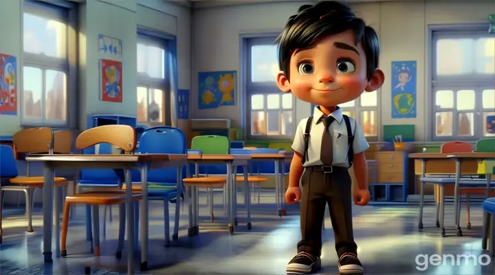 a young boy standing in a classroom in front of a desk