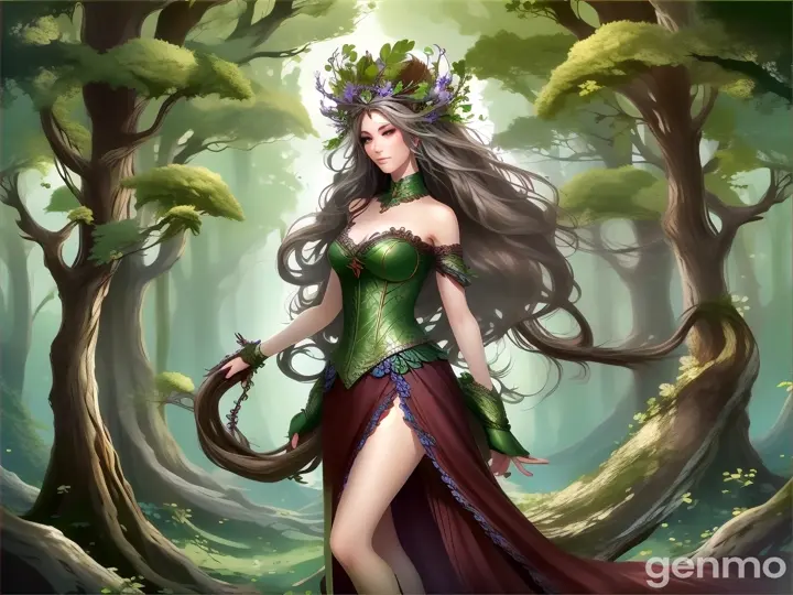 a woman in a forest with long hair