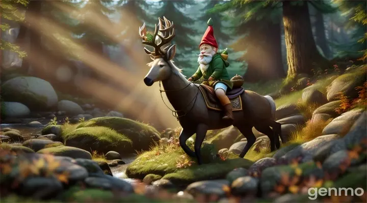 ((hyperreal flawless masterpiece, cinematic style))& hyper-detailed Hyperrealism, Retake with garden gnome sitting on deer and riding in flowing, precisely timed motion patterns through a rocky forest floor, summer, dry leaves, natural light, described landscape, which is enchantingly designed in a magical atmosphere. Realistic correct high turbo speed Deer-riding-Animation. 4K 3D cartoon photographic Pixel ART Symbolism style Meteora graphics, hyperreal, --negativ_promt="not physical Deer-riding-Animation"