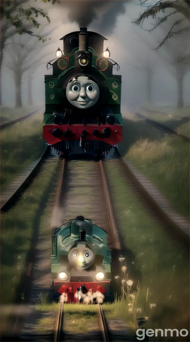 Thomas the Train with arachnid legs traversing through a steamy, black water swamp