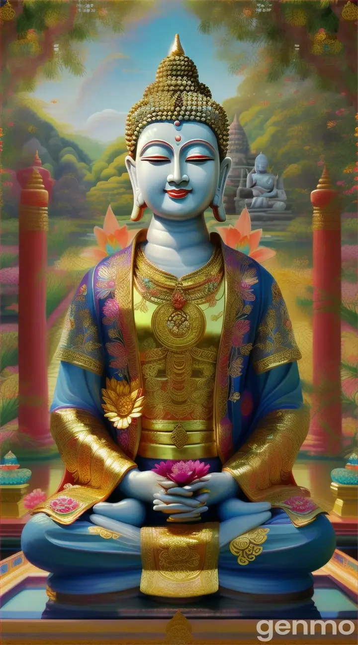 A gorgeous and elaborate image of Buddha. The Buddha has a peaceful and benevolent smile, and a golden glow shines around him. Buddha is dressed in colorful clothes, and his clothes have elaborate patterns and jewel decoration. The background is surrounded by beautiful natural scenery, and around there are flowers and trees of various colors, and a small pond. The sky is clear and blue, and the sunlight gently illuminates the Buddha. The overall atmosphere is gorgeous and peaceful. 9:16