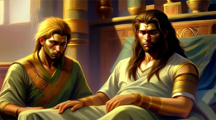a painting of two men sitting on a bed