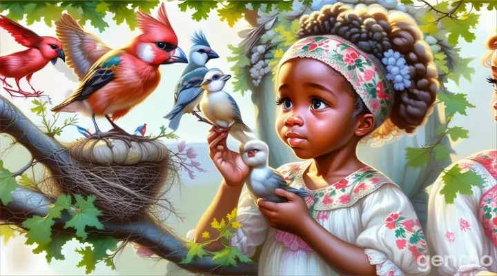 a painting of a little girl holding a bird