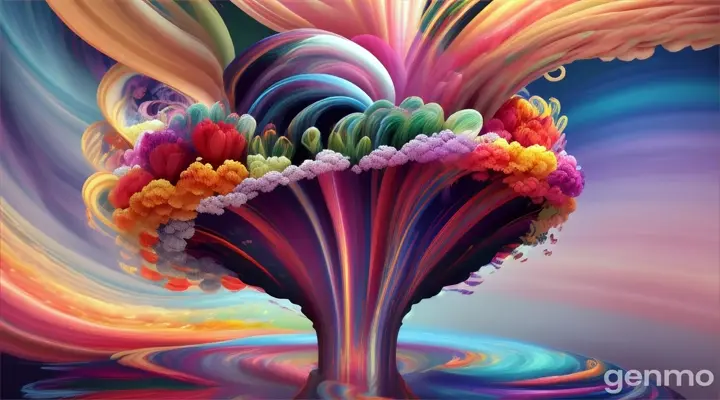 Stunning 3D rendering of a vibrant, colorful tornado elegantly suspended among swirling flowers. The artist skillfully used flowing stripes of paint to create a seamless fusion with stormy hues, evoking a feeling of chaos and harmony at the same time. The tornado is surrounded by many glowing bulbs, which contrast with the bright hues, bringing a touch of whimsical nature to the scene. The overall atmosphere exudes joy, creativity and a surreal, captivating essence that truly draws the viewer into this artistic masterpiece.