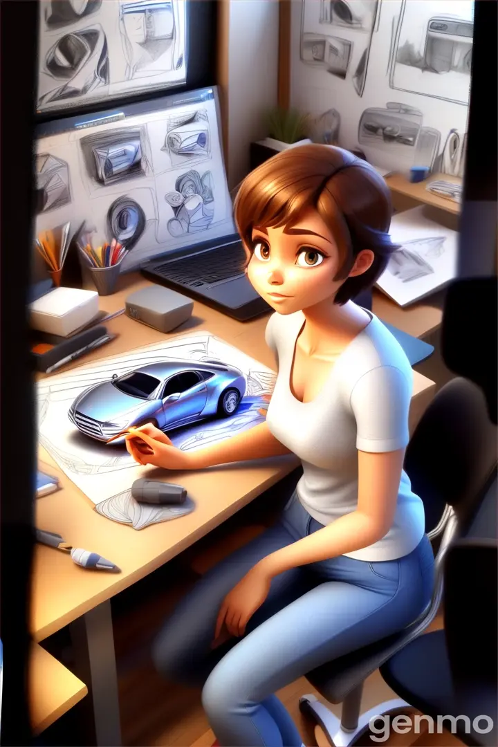 a woman sitting at a desk in front of a drawing of a car