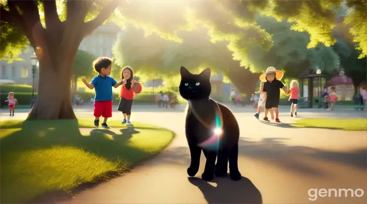 black cat walks and plays with children