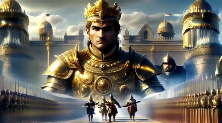 a group of men in armor standing in front of a city