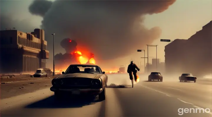 A photorealistic rendering of people running across an abandoned, desolate cityscape while explosions go off around them. 