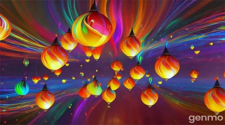 Stunning 3D rendering of a vibrant, colorful image featuring many incandescent bulbs, elegantly floating and glowing. The artist skillfully used flowing streaks of paint to create a seamless fusion with stormy hues, evoking a simultaneous feeling of chaos and harmony, light.  The overall atmosphere exudes joy, creativity and a surreal, captivating essence that truly draws the viewer towards this artistic masterpiece.