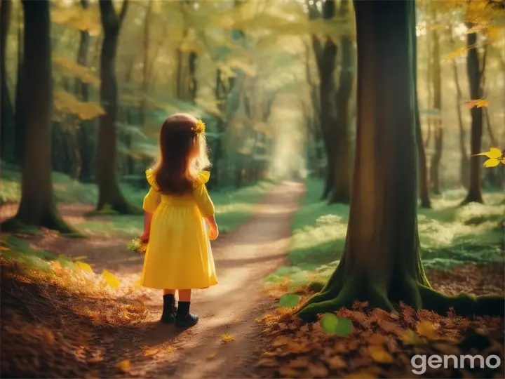 a little girl in a yellow dress walking through a forest