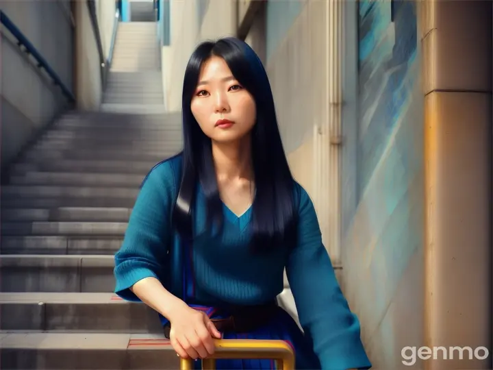 Korean woman climbing the stairs He is wearing blue color clothes age 40 years old open hairs