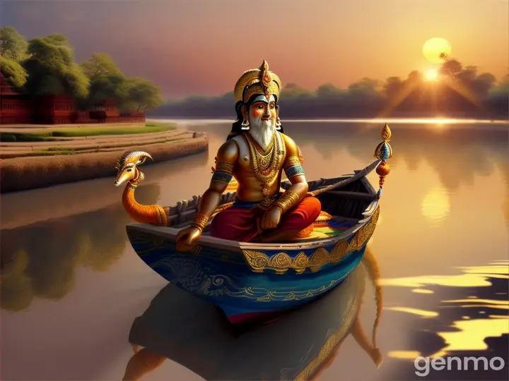 Ram ji sitting in Sita's boat while crossing the Saryu river.