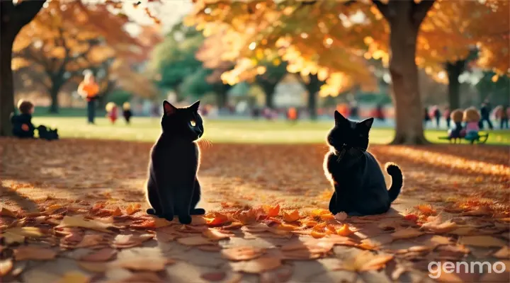 A black cat plays with children in a park, surrounded by autumn leaves and warm colors