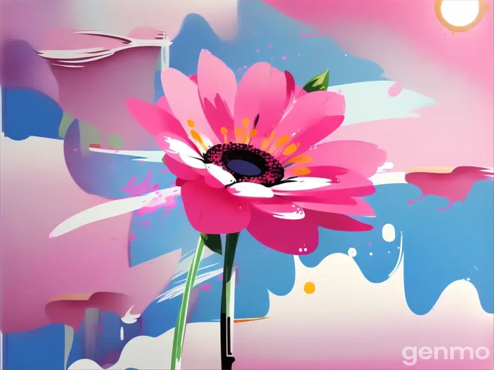 Drawing: bright day, stylized single pink flower with a stem against a background of blue sky and sun (large strokes with strokes, strokes, blots) On an abstract pop art background with spots and strokes. Рисунок: светлый день, стилизованный одиночный розовый цветок со стеблем на фоне голубого неба и солнца (крупными мазками с обводкой, штрихами, кляксами) На абстрактном фоне поп-арта с пятнами и штрихами.