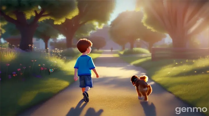 A little boy Alex and his dog walking...create in pixar style animation 3d ai 