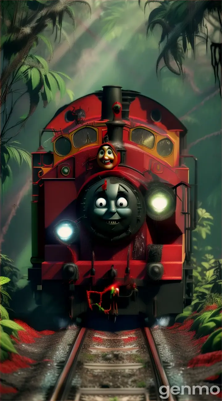 THOMAS THE TRAIN :: +2 with SPIDER LEGS TO IT, red liquid dripping out of the sharp teeth in deep jungle with flies