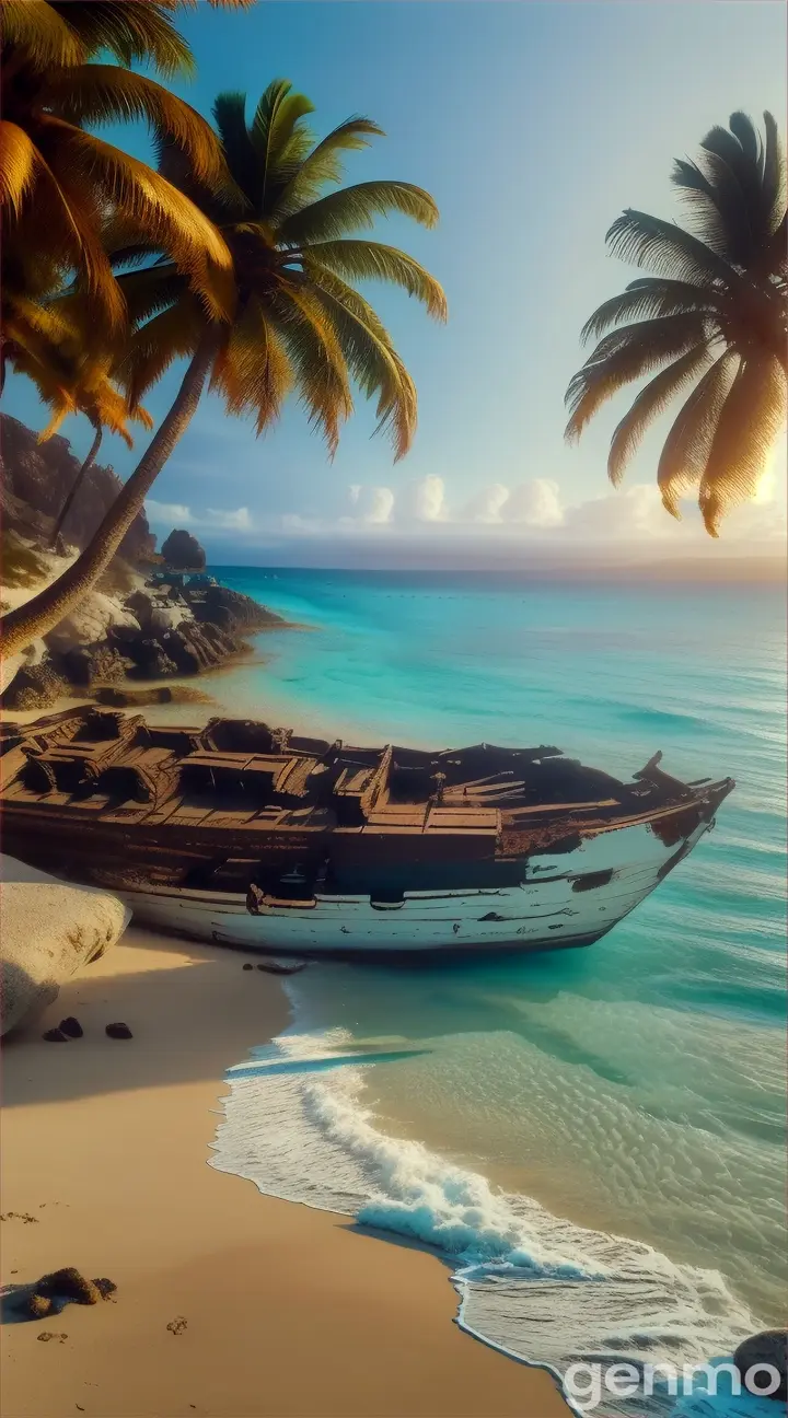 A captivating photo of a shipwreck, with the ship's skeletal remains resting on the rocky shore. The wreckage is partially submerged in the crystal-clear turquoise water, which reflects the warm sunlight. The background shows a serene beach with palm trees swaying gently in the breeze. The overall atmosphere is eerie yet beautiful, as if the ship has been transformed into a permanent part of the landscape.