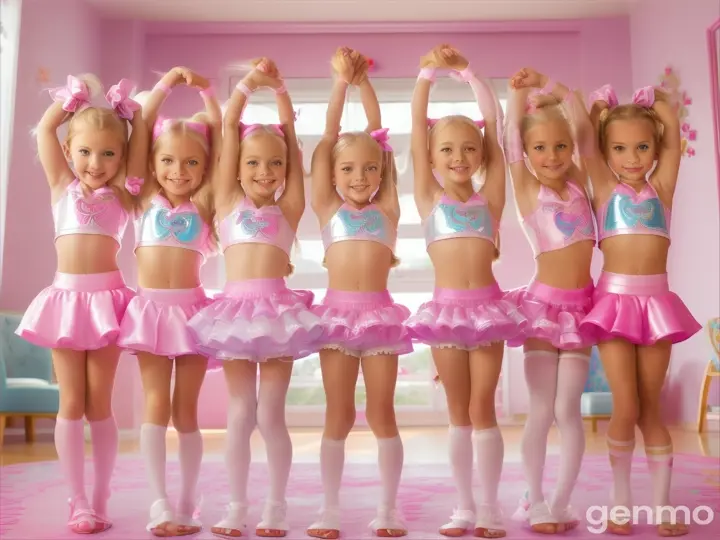 
Four young girls, little girls, age 7 years old, 7 yo, pigtails, blonde, white hose, bare feet, white plastic bodystockings, pink toenails, happy, splits sit down, arms up 