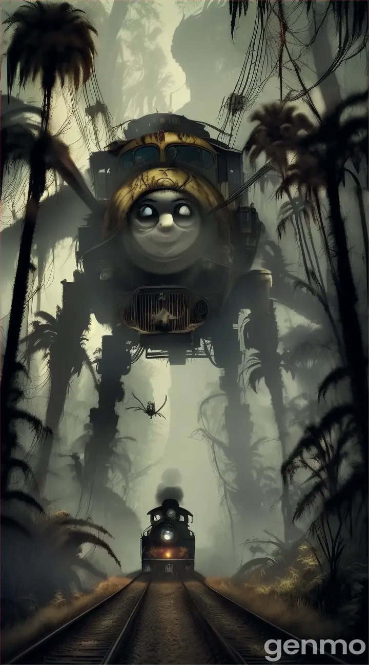 Thomas the Train with giant spider legs in a jungle surrounded by Dark scary plants, insects